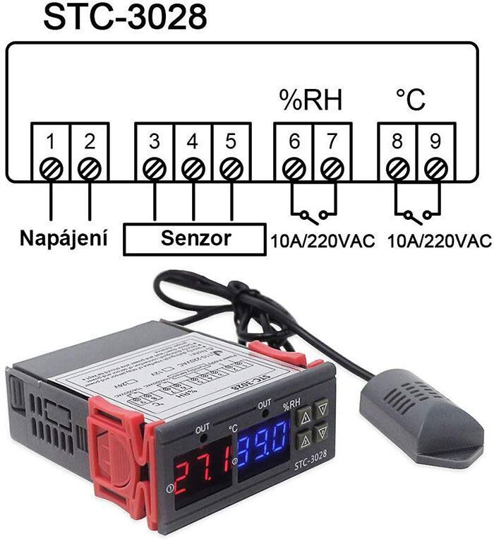 Digitální panelový termostat + hygrostat STC-3028 , rozsah -20 ~ +80°C, napájanie 230VAC (M452E)