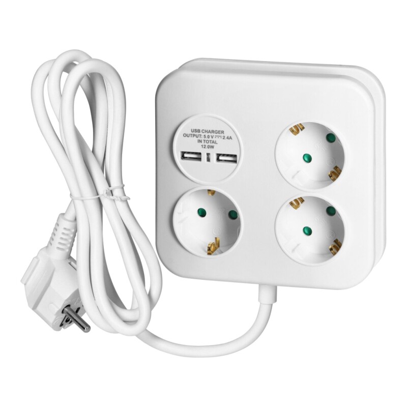Predlžovacia šnúra 3-zás. - 1,4m + 2xUSB-2,4A (SCHUKO) kocka PS-4(GS)/W
