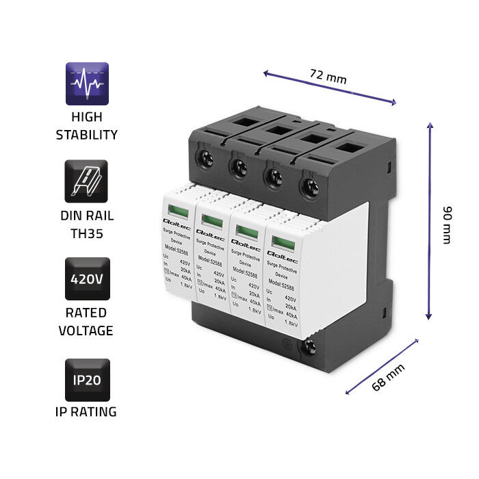 Prepäťová ochrana Qoltec 52588 AC 4-pólová , 40kA , T2/C , 420V