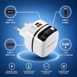 Super rýchla nabíjačka Qoltec 51784 65W AC nabíjačka | USB-C PD PPS | 5-20V | 3-3.25A | Laptop | MacBook | Smartfón | Vysúvací kábel