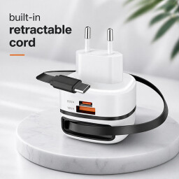 Super rýchla nabíjačka Qoltec 51784 65W AC nabíjačka | USB-C PD PPS | 5-20V | 3-3.25A | Laptop | MacBook | Smartfón | Vysúvací kábel