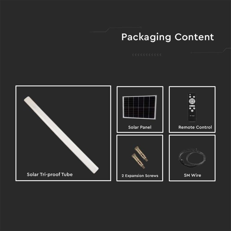 LED solárne lineárne svietidlo 120cm senzor pohybu/svetelný senzor-aut.zopnutie/vypnutie, ďiaľ.ovládanie CCT=3000-6000K (SKU: 6500) VT-120018