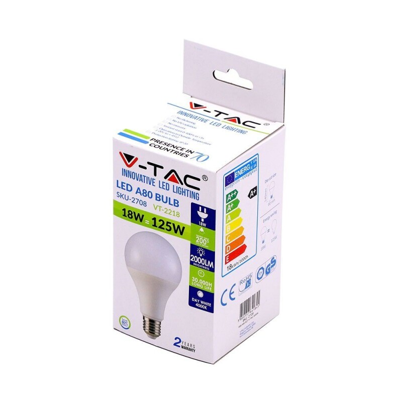 V-TAC LED žiarovka A80 18W E27 3000K (2707) VT-2218