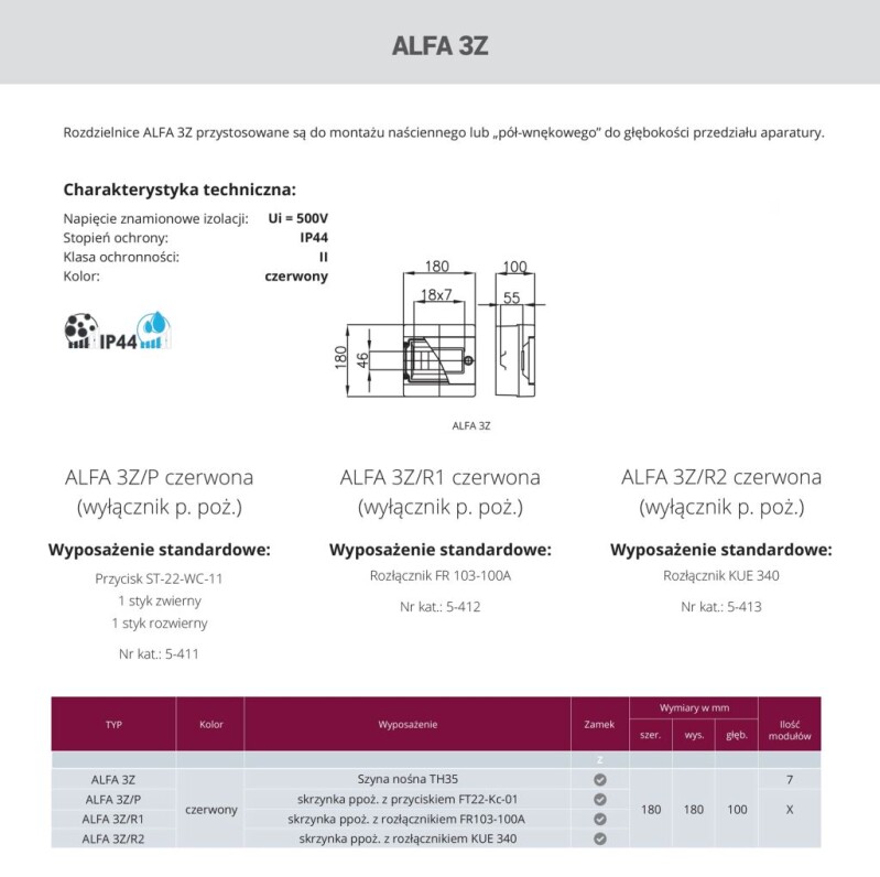 Rozvodnica ALFA 3 Z 5-406 , pod/na povrch , 7-mod. ,IP44 ,so zámkom červená