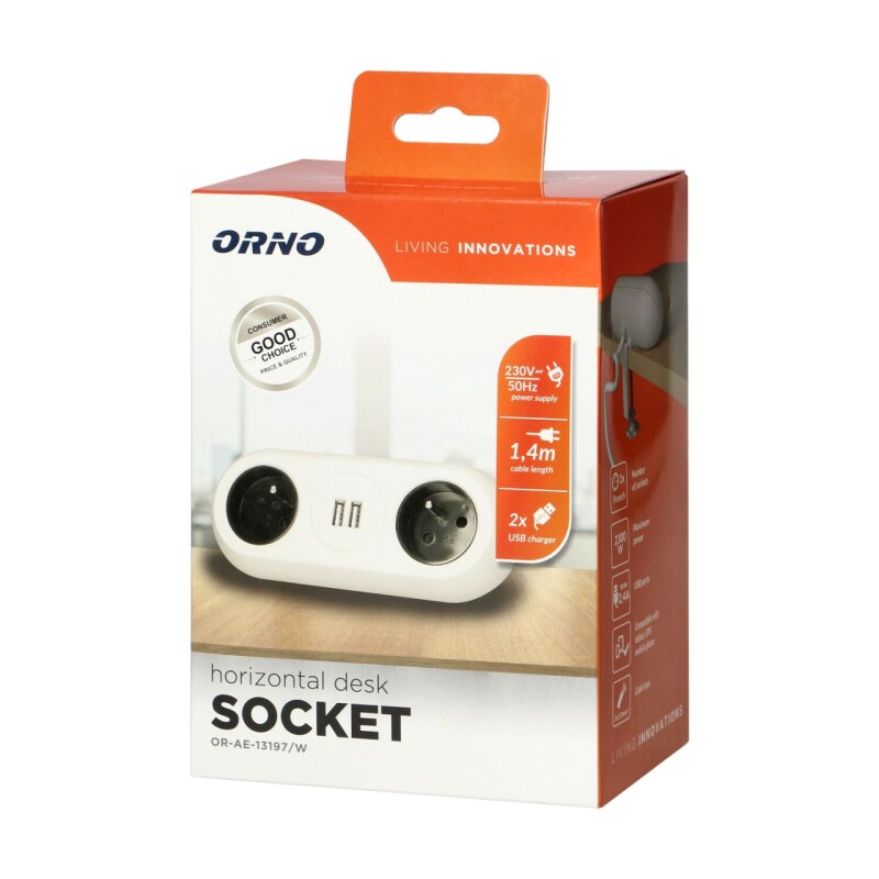 Predlžovacia šnúra 2-zás. - 1,5m + 2xUSB(C)-2,4A stolová-nábytková s úchytom OR-AE-13197/W
