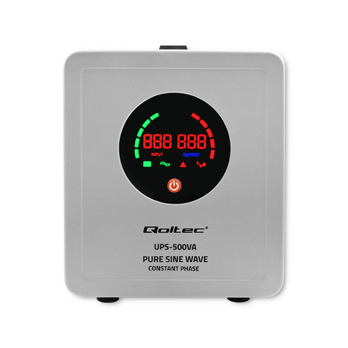 Záložný zdroj Qoltec 50716 UPS 500VA/350W čistý sínus, konštantná fáza, sivý