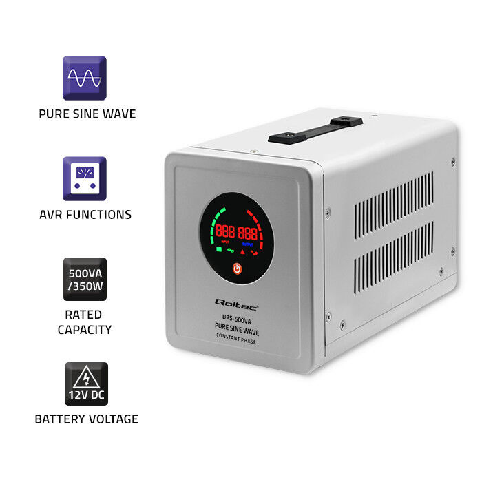 Záložný zdroj Qoltec 50716 UPS 500VA/350W čistý sínus, konštantná fáza, sivý