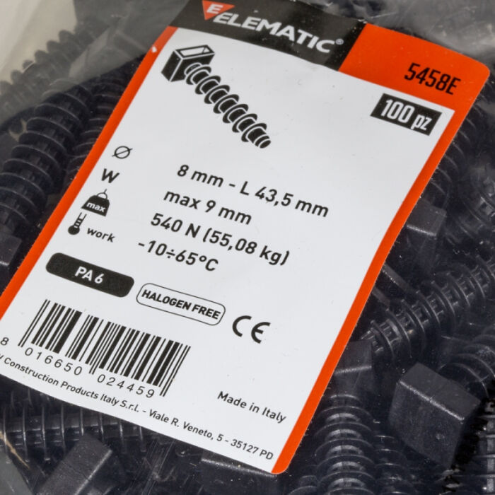 Hmoždinka zatláčacia pre sťahovacie pásky 5458E 8x43mm (cena 100ks/bal.)