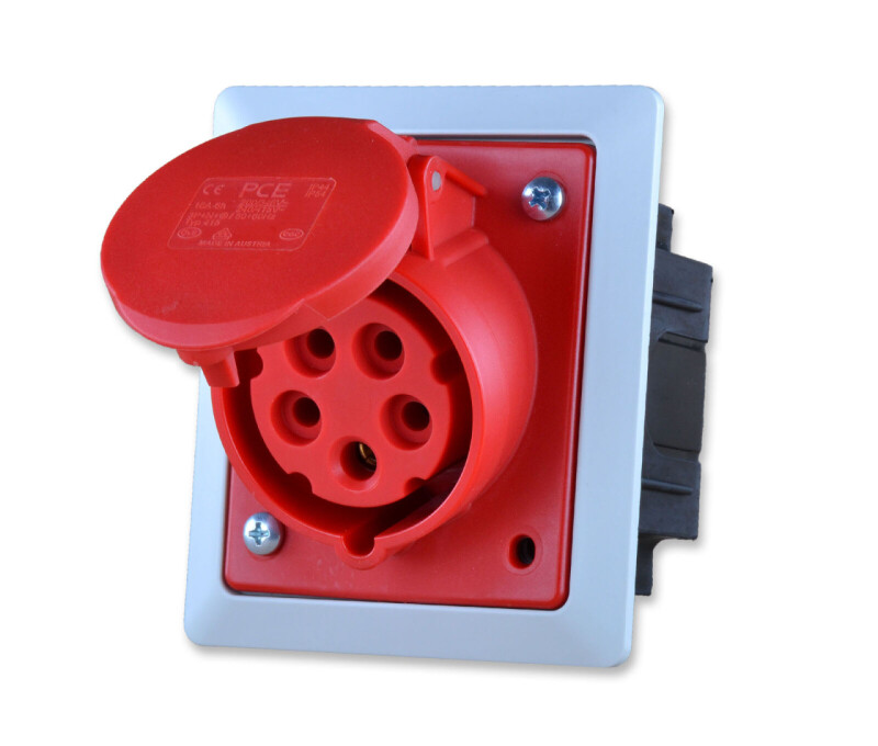 Zásuvka 415-6PKR zapustená + krabica pod omietku 16A/5p IP44 červená