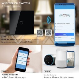 V-TAC WIFI Dotykový spínač (1NO) Amazon Alexa & Google Home Compatible ; čierne sklo (8423) VT-5003-B