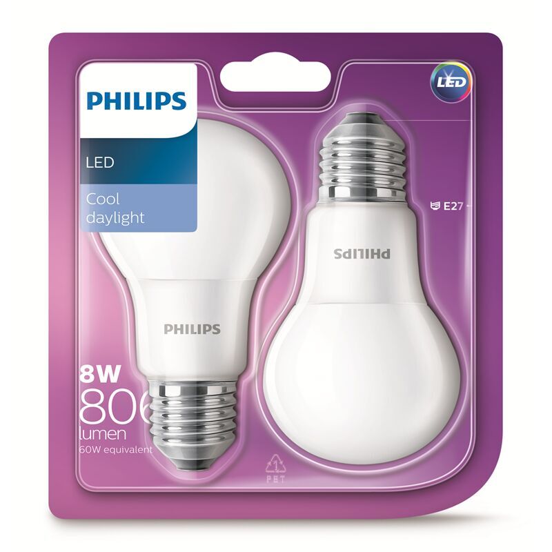 PHILIPS LED žiarovka A60 8W(60W) E27 220-240V FR 2700K 806lm 2PACK 8718696576830