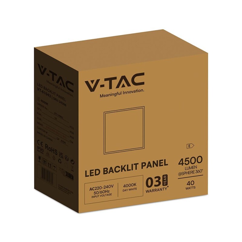 LED panel 595x595mm 40W 4500lm 4000K V-TAC (24366) VT-61043