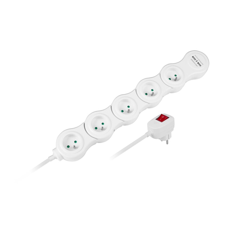 Predlžovací kábel 5zás. - 1,5m 2xUSB 2,1A s vypínačom , ohybná URZ3258