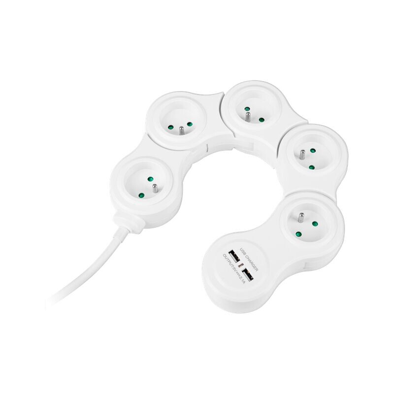 Predlžovací kábel 5zás. - 1,5m 2xUSB 2,1A s vypínačom , ohybná URZ3258