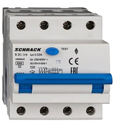 Prúdový chránič s nadprúdovou ochranou Schrack AK668825 B/25A, 30mA, 3+N, typ A, 6kA, AMPARO
