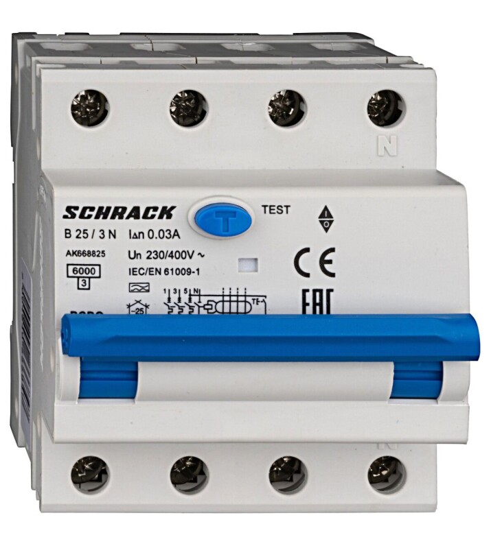 Prúdový chránič s nadprúdovou ochranou Schrack AK668825 B/25A, 30mA, 3+N, typ A, 6kA, AMPARO