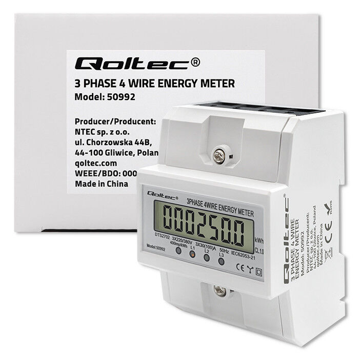 Digitálny elektromer Qoltec 50992 DIN 3-fázový 100A/400V 50Hz