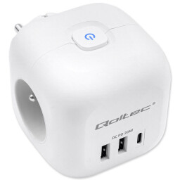Rozbočovacia zásuvka - rozdvojka Qoltec 52548 kocka 6v1 3x230V 2xUSB(A) 1xUSB(C) 20W biela s vypínačom