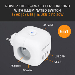 Rozbočovacia zásuvka - rozdvojka Qoltec 52548 kocka 6v1 3x230V 2xUSB(A) 1xUSB(C) 20W biela s vypínačom