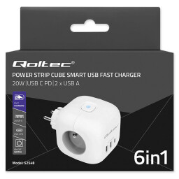 Rozbočovacia zásuvka - rozdvojka Qoltec 52548 kocka 6v1 3x230V 2xUSB(A) 1xUSB(C) 20W biela s vypínačom