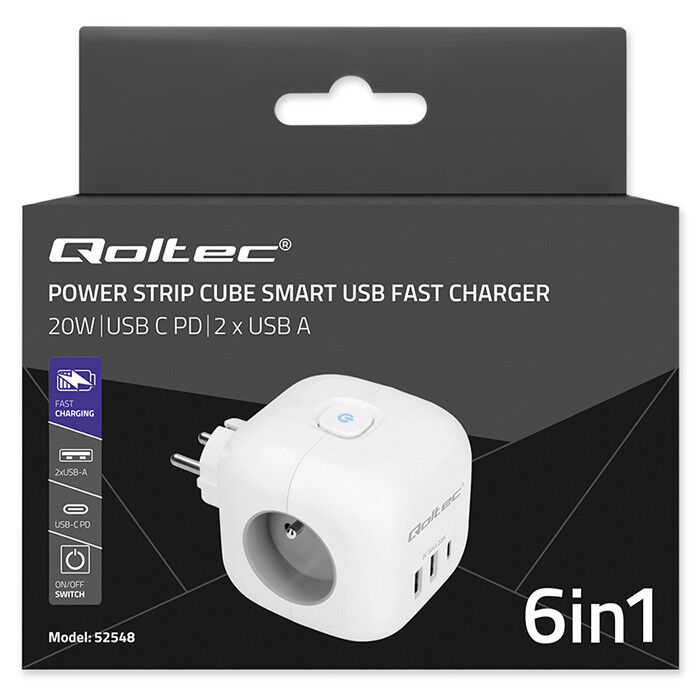 Rozbočovacia zásuvka - rozdvojka Qoltec 52548 kocka 6v1 3x230V 2xUSB(A) 1xUSB(C) 20W biela s vypínačom