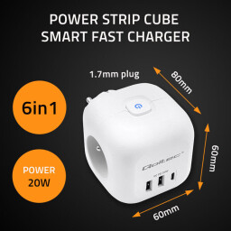 Rozbočovacia zásuvka - rozdvojka Qoltec 52548 kocka 6v1 3x230V 2xUSB(A) 1xUSB(C) 20W biela s vypínačom
