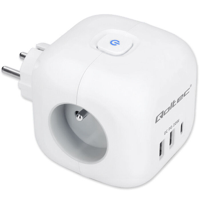 Rozbočovacia zásuvka - rozdvojka Qoltec 52548 kocka 6v1 3x230V 2xUSB(A) 1xUSB(C) 20W biela s vypínačom
