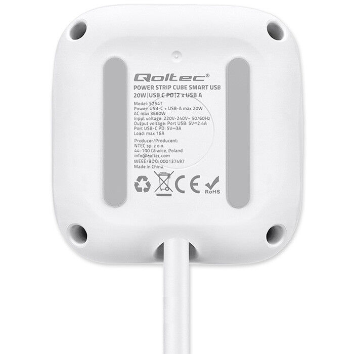 Predlžovacia šnúra 3-zás. - 2m + 3xUSB , kocka s presvetleným vypínačom , Qoltec 52547