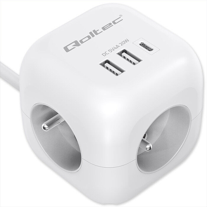 Predlžovacia šnúra 3-zás. - 2m + 3xUSB , kocka s presvetleným vypínačom , Qoltec 52547
