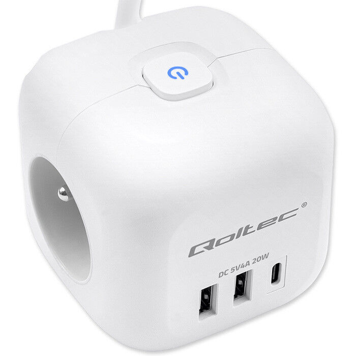 Predlžovacia šnúra 3-zás. - 2m + 3xUSB , kocka s presvetleným vypínačom , Qoltec 52547
