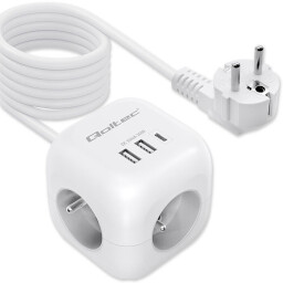 Predlžovacia šnúra 3-zás. - 2m + 3xUSB , kocka s presvetleným vypínačom , Qoltec 52547