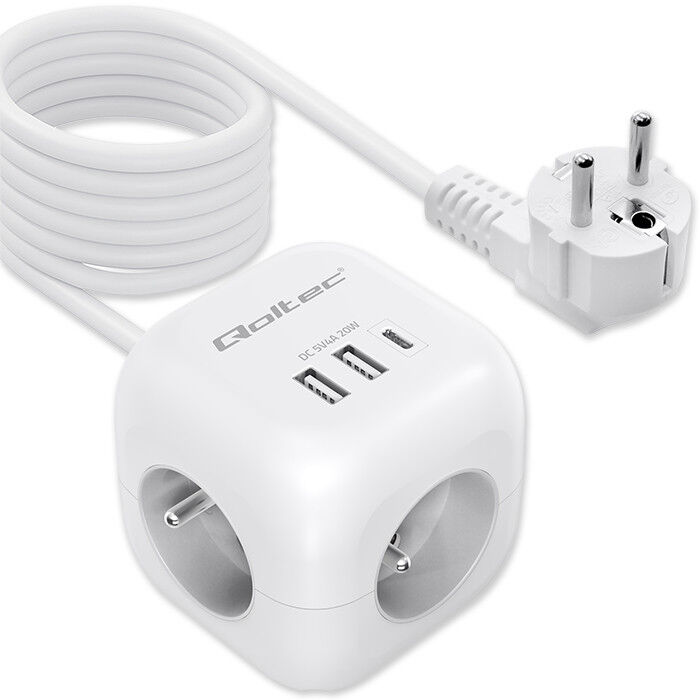 Predlžovacia šnúra 3-zás. - 2m + 3xUSB , kocka s presvetleným vypínačom , Qoltec 52547