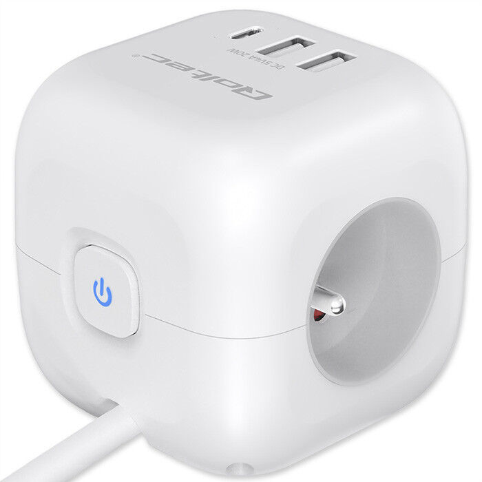 Predlžovacia šnúra 3-zás. - 2m + 3xUSB , kocka s presvetleným vypínačom , Qoltec 52547
