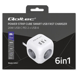 Predlžovacia šnúra 3-zás. - 2m + 3xUSB , kocka s presvetleným vypínačom , Qoltec 52547