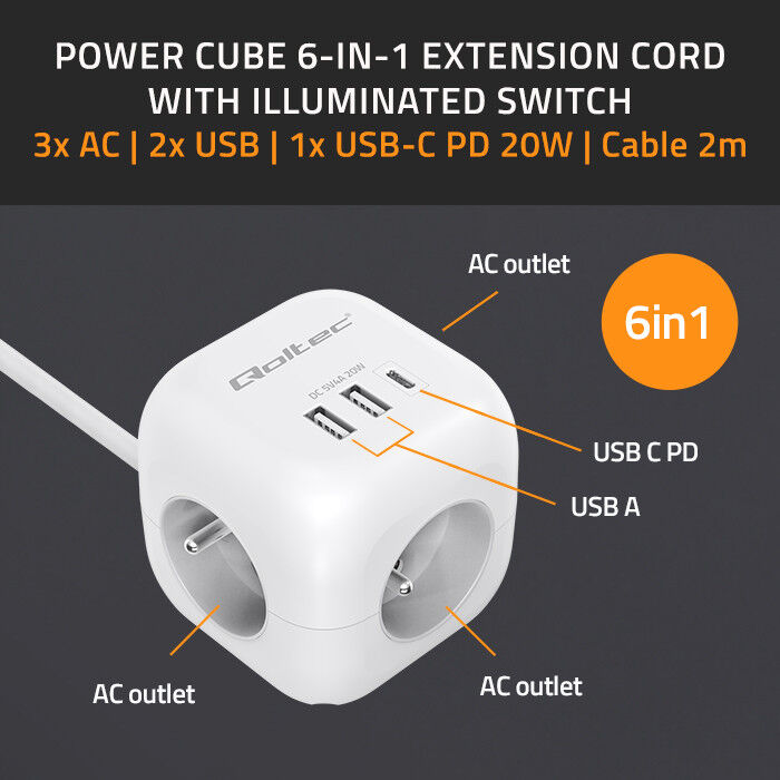 Predlžovacia šnúra 3-zás. - 2m + 3xUSB , kocka s presvetleným vypínačom , Qoltec 52547