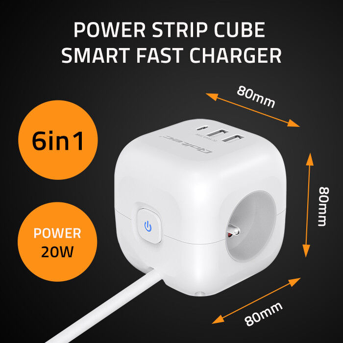 Predlžovacia šnúra 3-zás. - 2m + 3xUSB , kocka s presvetleným vypínačom , Qoltec 52547
