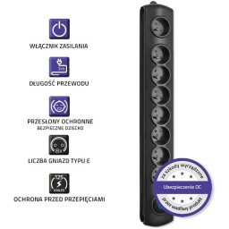Predlžovací kábel 8zás. - 3m s prepäťovou ochranou , čierna , Qoltec 50114