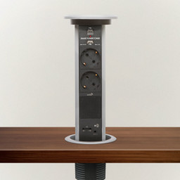 Vstavaná výsuvná zásuvka s motorovým pohonom - 20450BB - 2x230V (schuko) + 2xUSB 2,1A + AUX/bluetooth - strieborná