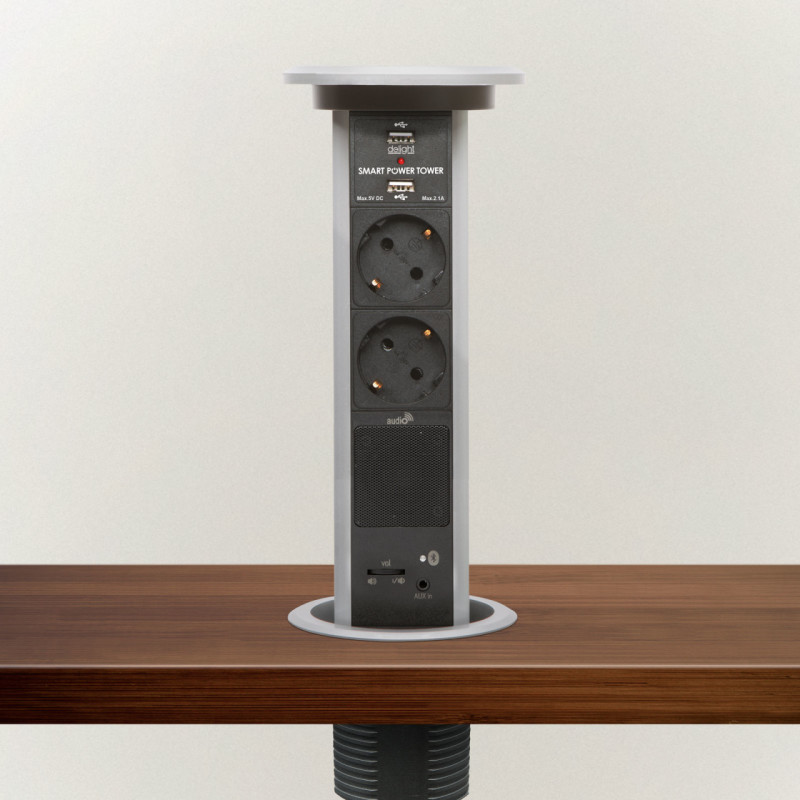 Vstavaná výsuvná zásuvka s motorovým pohonom - 20450BB - 2x230V (schuko) + 2xUSB 2,1A + AUX/bluetooth - strieborná