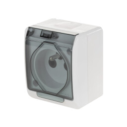 Hermes 0321-01 1-zásuvka 2P+PE 16A/250V IP44 nad omietku biela s dymovým viečkom