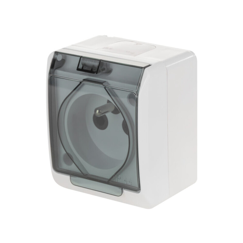 Hermes 0321-01 1-zásuvka 2P+PE 16A/250V IP44 nad omietku biela s dymovým viečkom