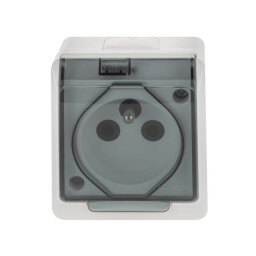 Hermes 0321-01 1-zásuvka 2P+PE 16A/250V IP44 nad omietku biela s dymovým viečkom