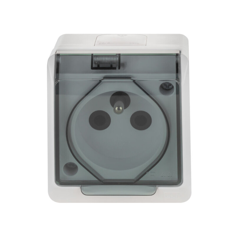 Hermes 0321-01 1-zásuvka 2P+PE 16A/250V IP44 nad omietku biela s dymovým viečkom