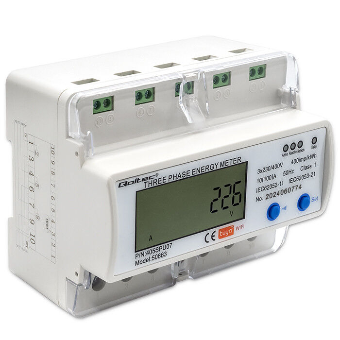 Digitálny elektromer Qoltec 50883 DIN 3-fázový 3x230/400V 100A WiFi (Tuya)