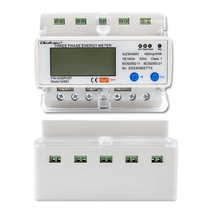 Digitálny elektromer Qoltec 50883 DIN 3-fázový 3x230/400V 100A WiFi (Tuya)
