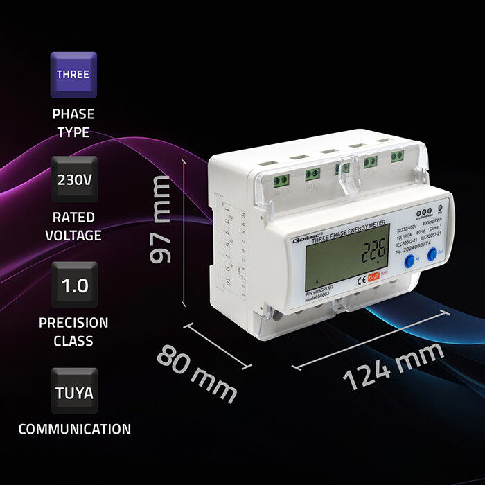 Digitálny elektromer Qoltec 50883 DIN 3-fázový 3x230/400V 100A WiFi (Tuya)