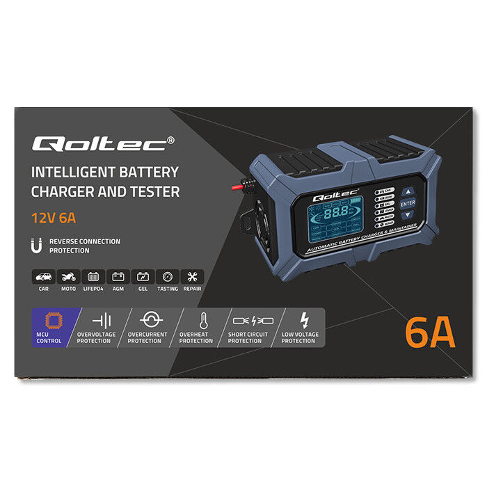 Inteligentná mikroprocesorová nabíjačka s testerom batérií a funkciou opravy 12V/6A , LCD displej , pre batérie AGM/LiFePO4/GEL Qoltec 52488