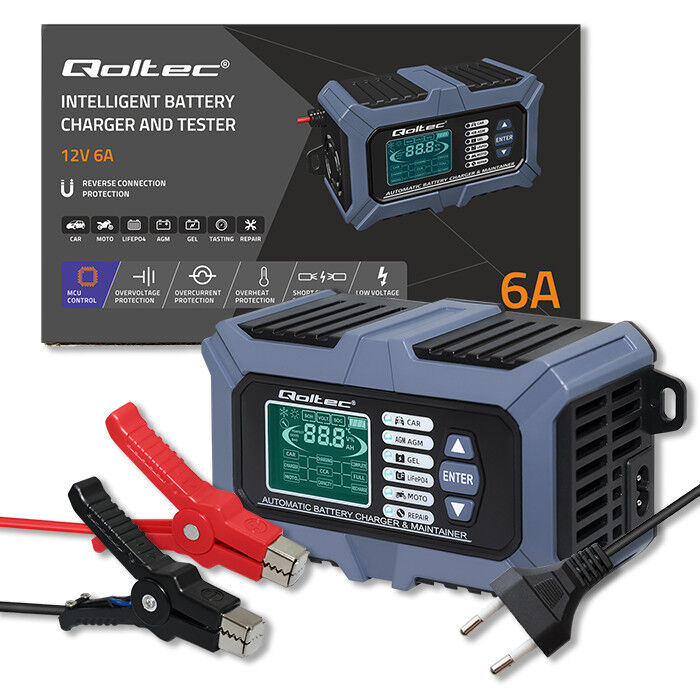 Inteligentná mikroprocesorová nabíjačka s testerom batérií a funkciou opravy 12V/6A , LCD displej , pre batérie AGM/LiFePO4/GEL Qoltec 52488