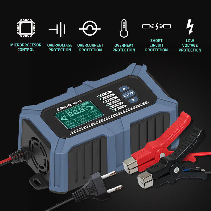 Inteligentná mikroprocesorová nabíjačka s testerom batérií a funkciou opravy 12V/6A , LCD displej , pre batérie AGM/LiFePO4/GEL Qoltec 52488