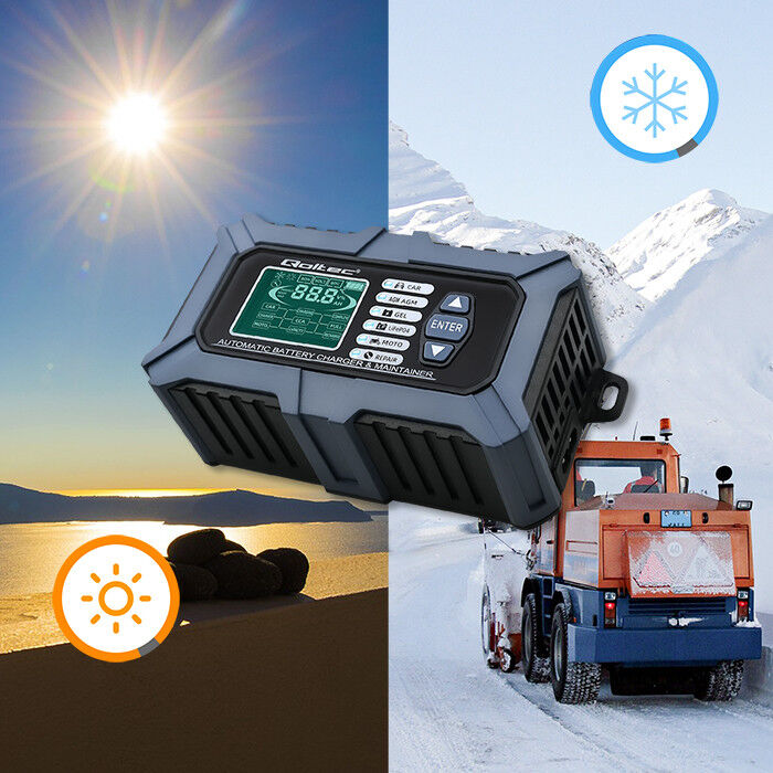 Inteligentná mikroprocesorová nabíjačka s testerom batérií a funkciou opravy 12V/6A , LCD displej , pre batérie AGM/LiFePO4/GEL Qoltec 52488